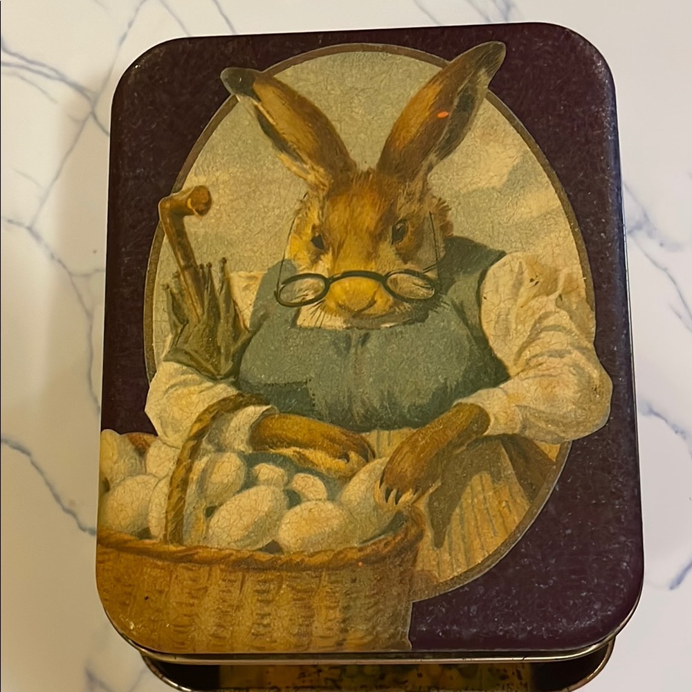 Vintage Rabbit Tin Box - Brown and Cream with foldable handles